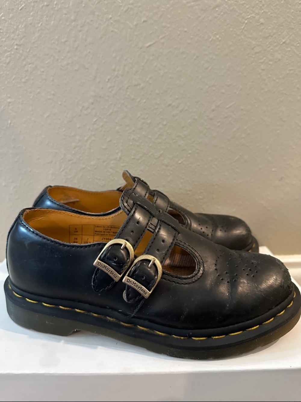Dr. Martens Black Double-Strap Mary Jane Flats with Yellow Stitching